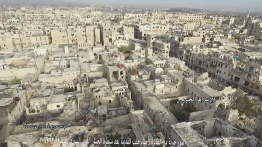 Army drone footage shows destruction in Old Aleppo city.