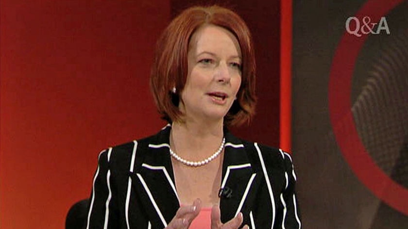 TV still of PM Julia Gillard on Q and A on August 9, 2010.