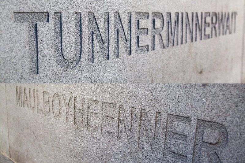 The names of Tunnerminnerwait and Maulboyheenner are engraved on concrete blocks of the memorial.