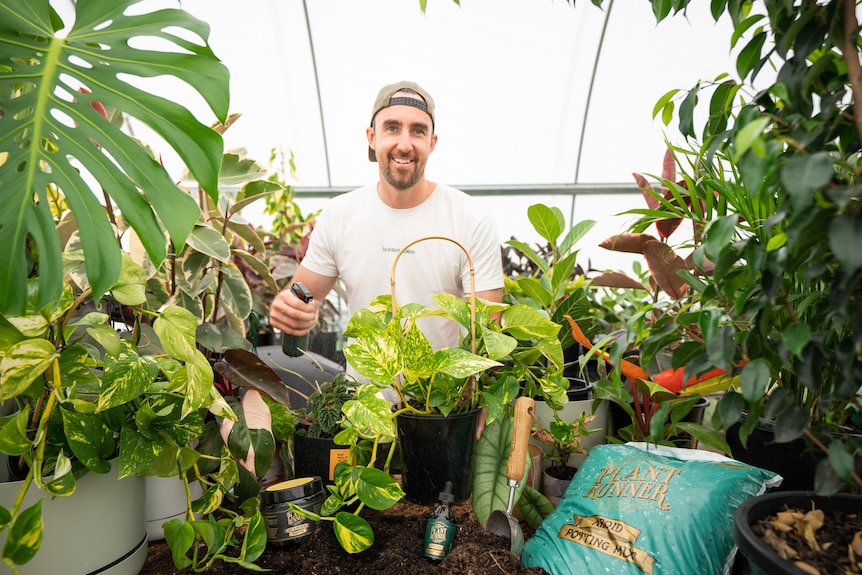 Man wearing a white tee and backwards cap spraying water onto indoor plants. 