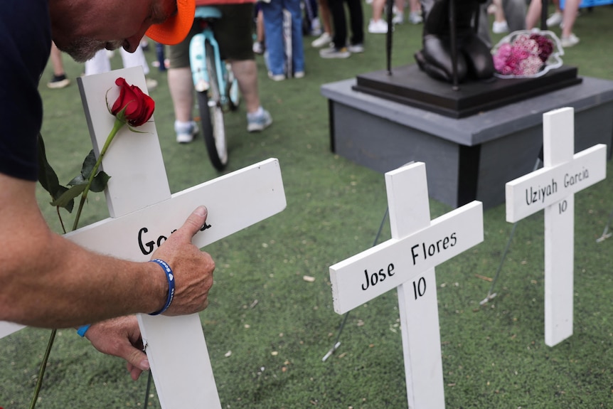 Crosses with the names of victims of Uvalde, Texas, school shooting are seen during the "March for Our Lives" rally