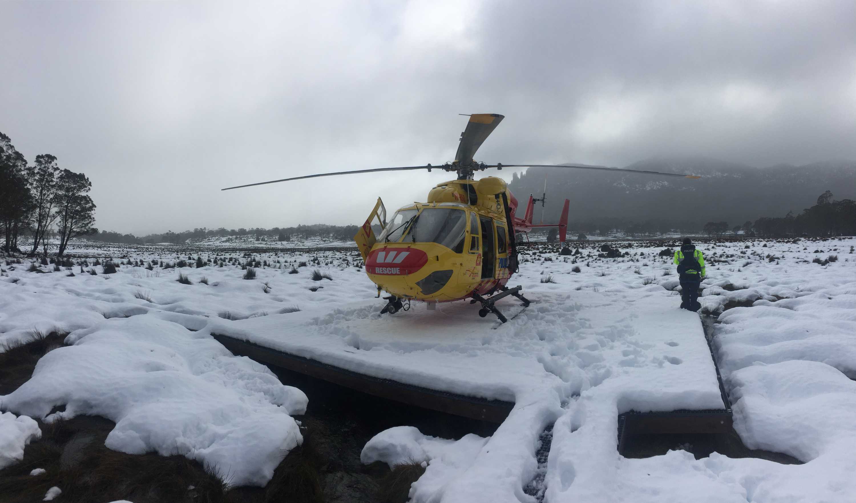 A Tasmanian rescue helicopter at Pelion Hut