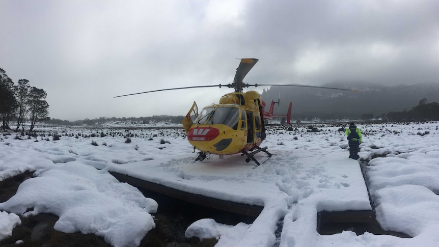 A Tasmanian rescue helicopter at Pelion Hut