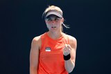 Australian tennis player Maddison Inglis celebrating after winning her first round singles match against Leylah Fernandez 