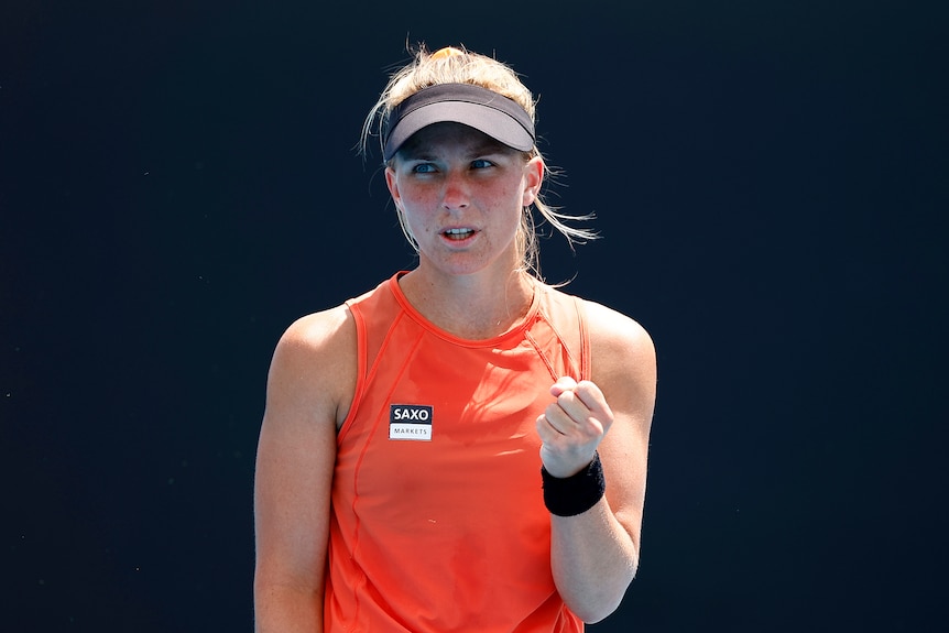 Australian tennis player Maddison Inglis celebrating after winning her first round singles match against Leylah Fernandez 