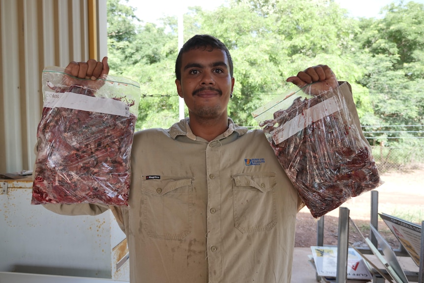 An indigenous man holds bags of cane toad meat