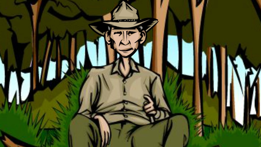 Cartoon image of old man sitting in woods