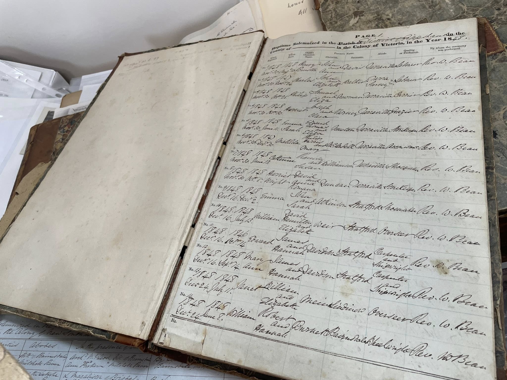 original 1848 handwritten log book of Rev Bean, detailing Baptisms in the Tarraville area.