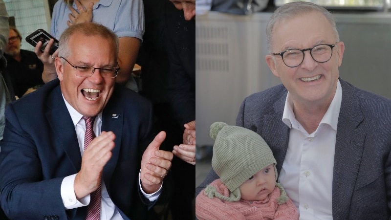Scott Morrison laughs in composite image as Anthony Albanese holds a baby