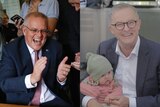 Scott Morrison laughs in composite image as Anthony Albanese holds a baby