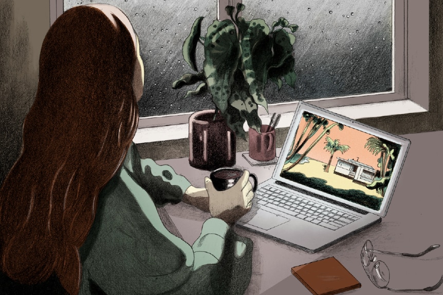 An illustration of a woman staring out the window with laptop open.