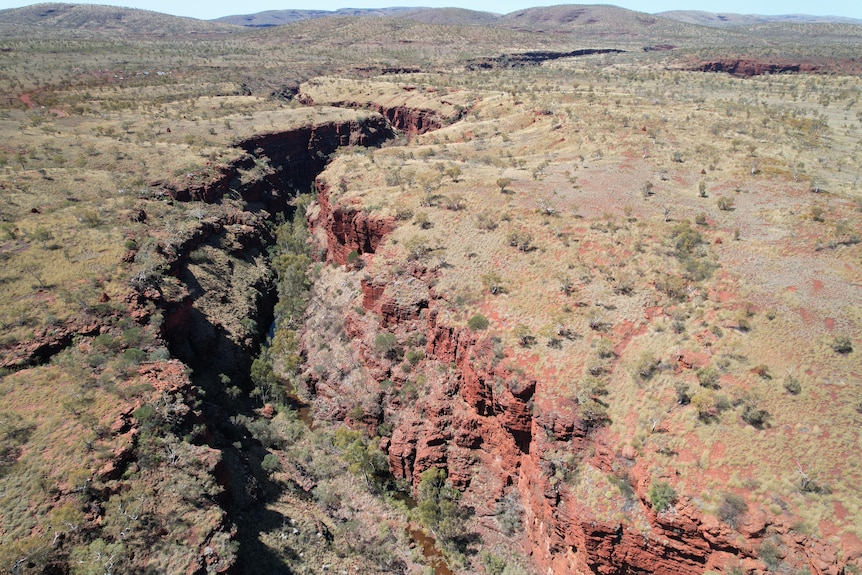 A drone shot of a gorge.