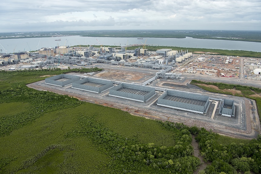An aerial photo of flare pads at the INPEX site.