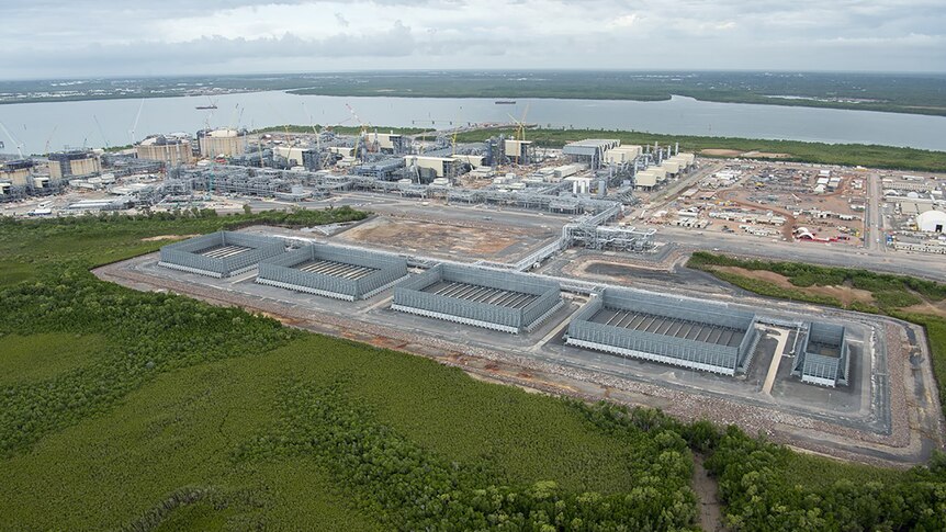 An aerial photo of flare pads at the INPEX site.