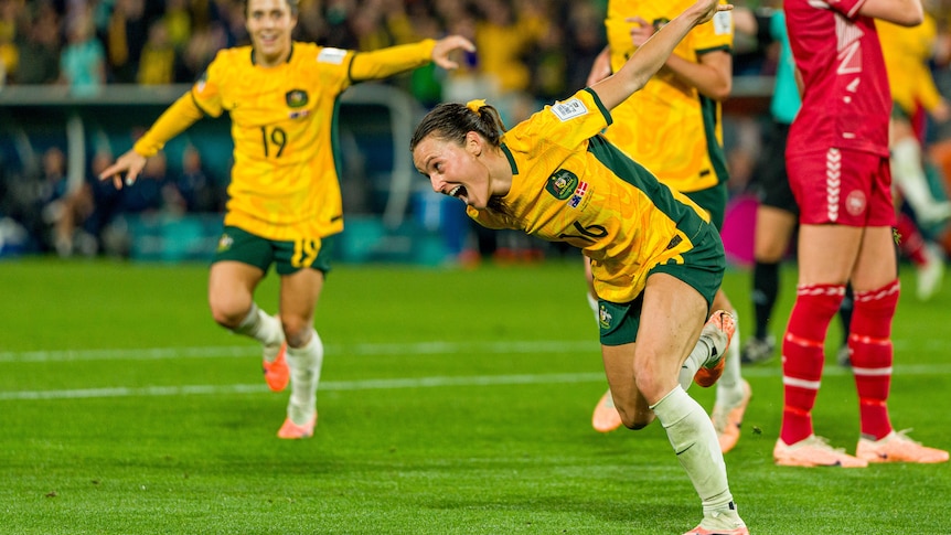 Hayley Raso (C) of Australia celebrates scoring the second goal for Australia