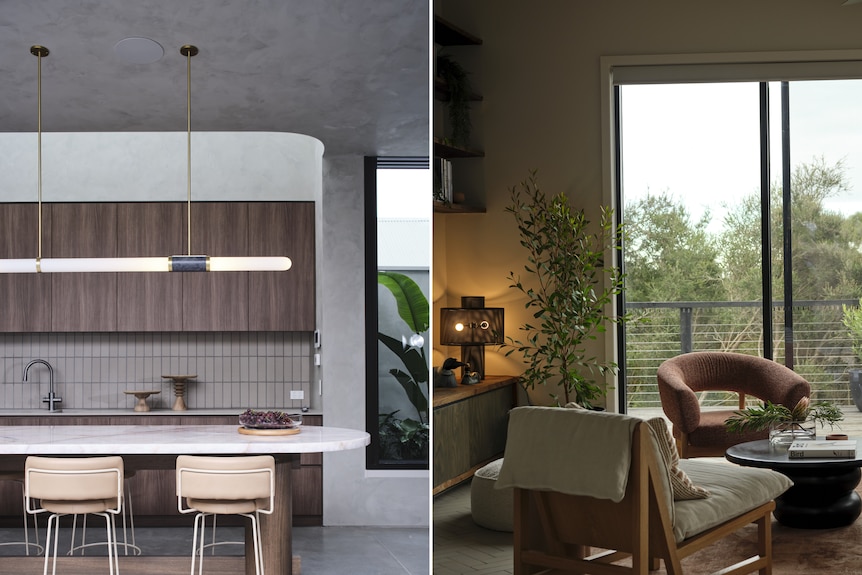 A composite image of two photos side-by-side showing different overhead and floor lamps
