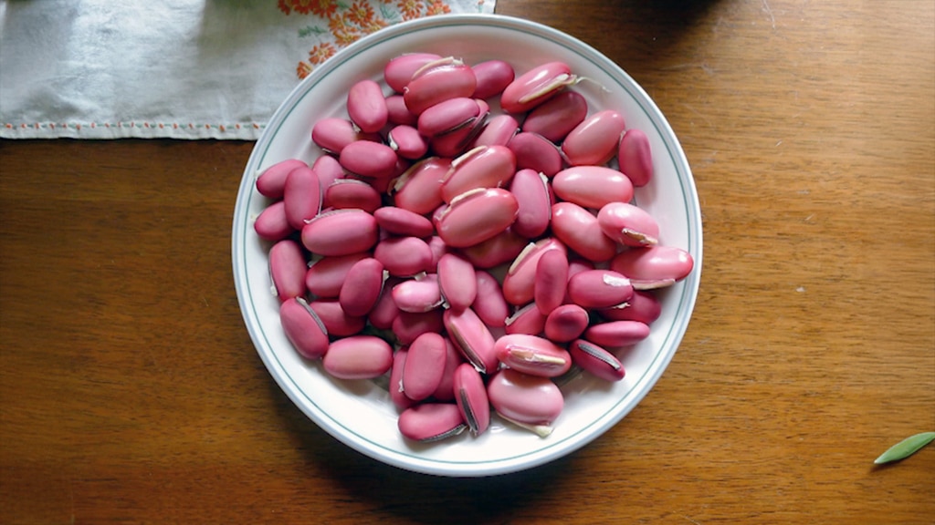 A bowl of pink-coloured shelled beans.