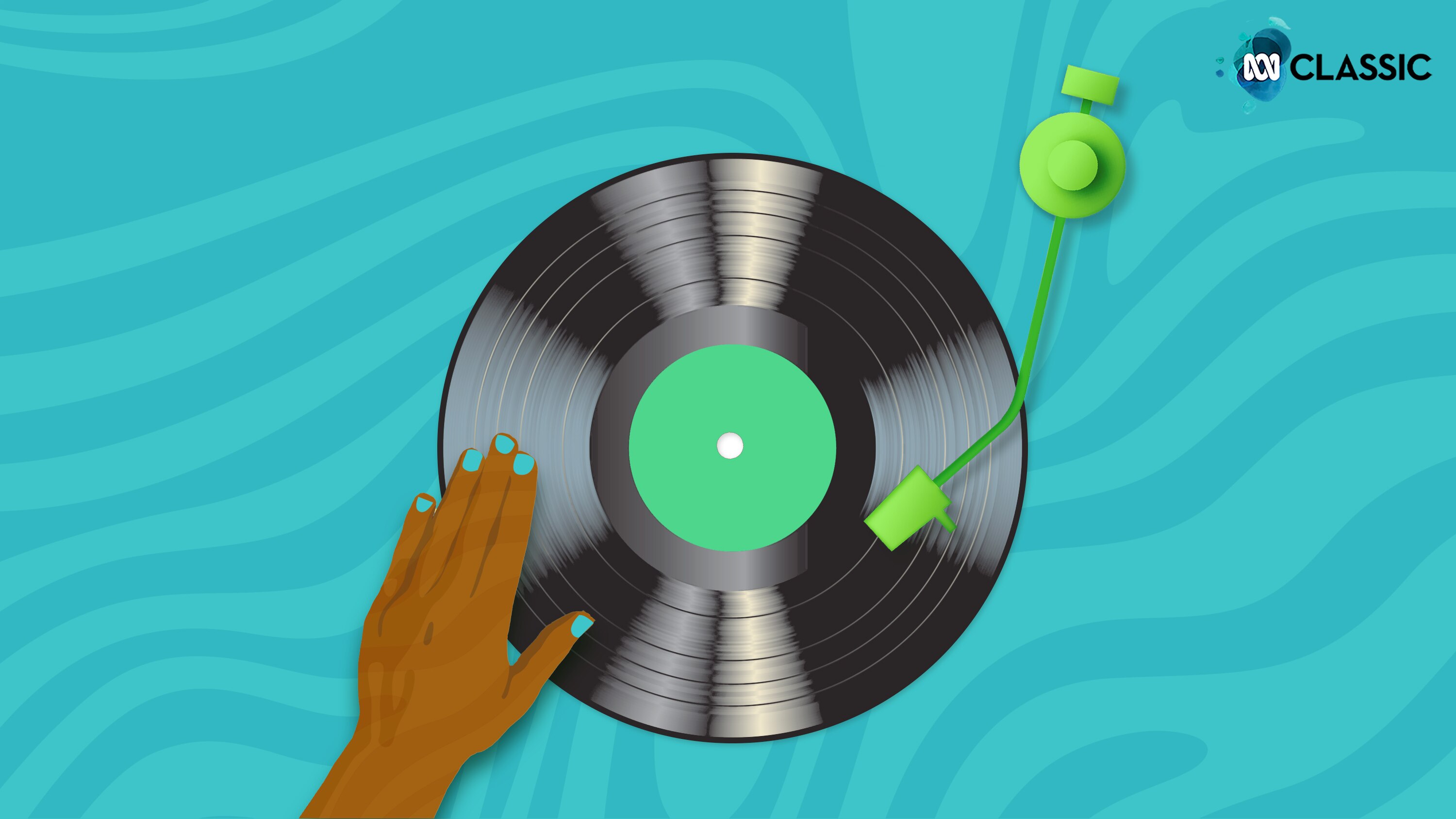 A grahic of a hand placing a vinyl record on a turn table against a blue backgorund.