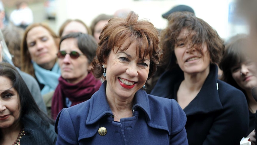Kathy Lette at a rally outside Pentonville Prison in England, March 2014.