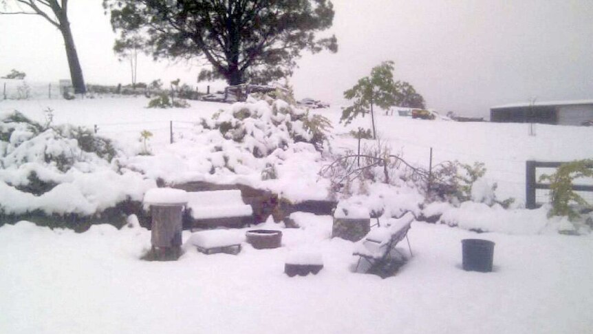Snow covers a backyard in Lithgow