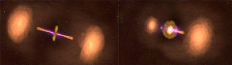 An illustration shows two views of the emittance of particles from an active galaxy.