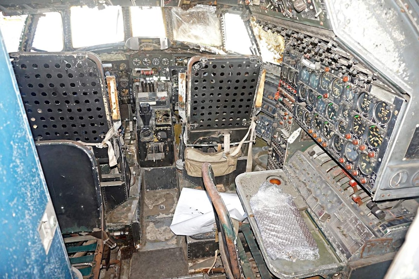 The cockpit of the Super Constellation before restoration work began