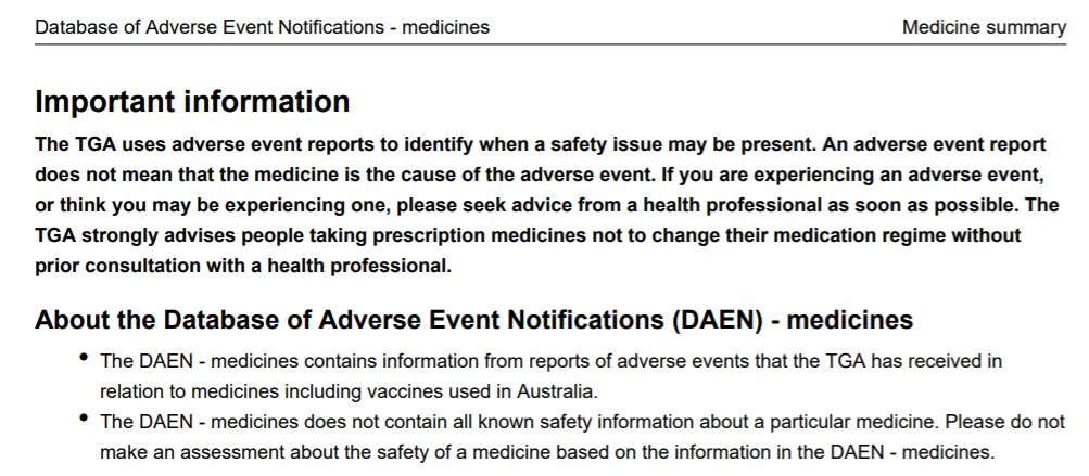 Text warning from the TGA which says the DAEN should not be used to make assessments about the safety of medicines