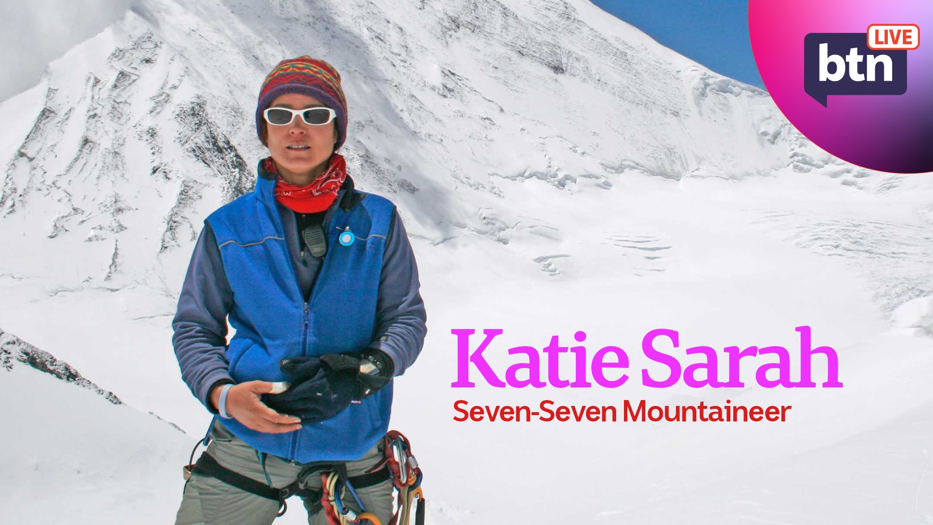 Mountaineer Katie Sarah in front of Lhakpa Ri in mountaineering gear.