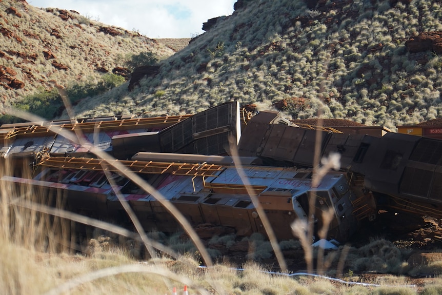 Late afternoon view of the crashed rio tinto train on the outskirts of Karratha.