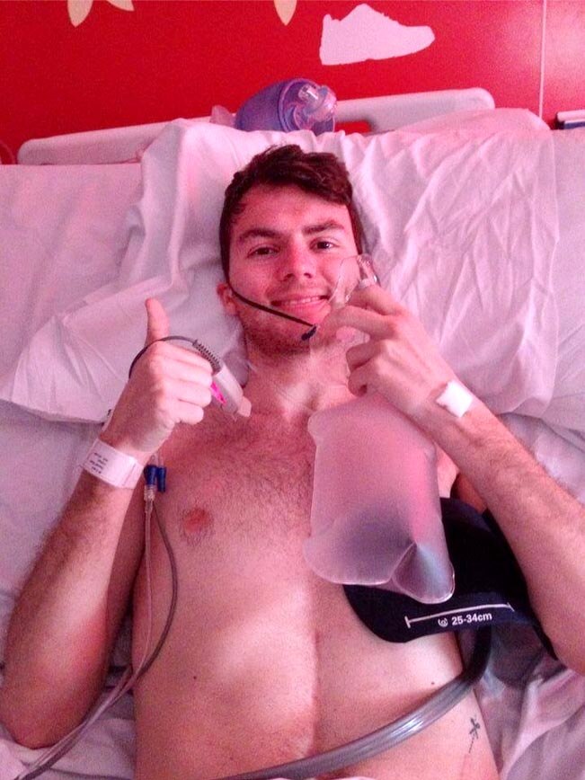 Stephen Sutton gives a final thumbs up from his hospital bed.