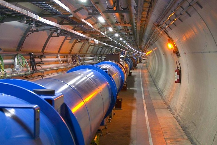 Magnets making up part of the Large Hadron Collider (LHC) particule accelerator sit inside a tunnel