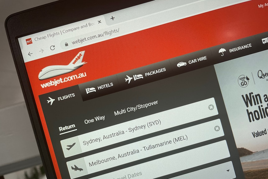 The Webjet homepage, showing a search for flights from Sydney to Melbourne