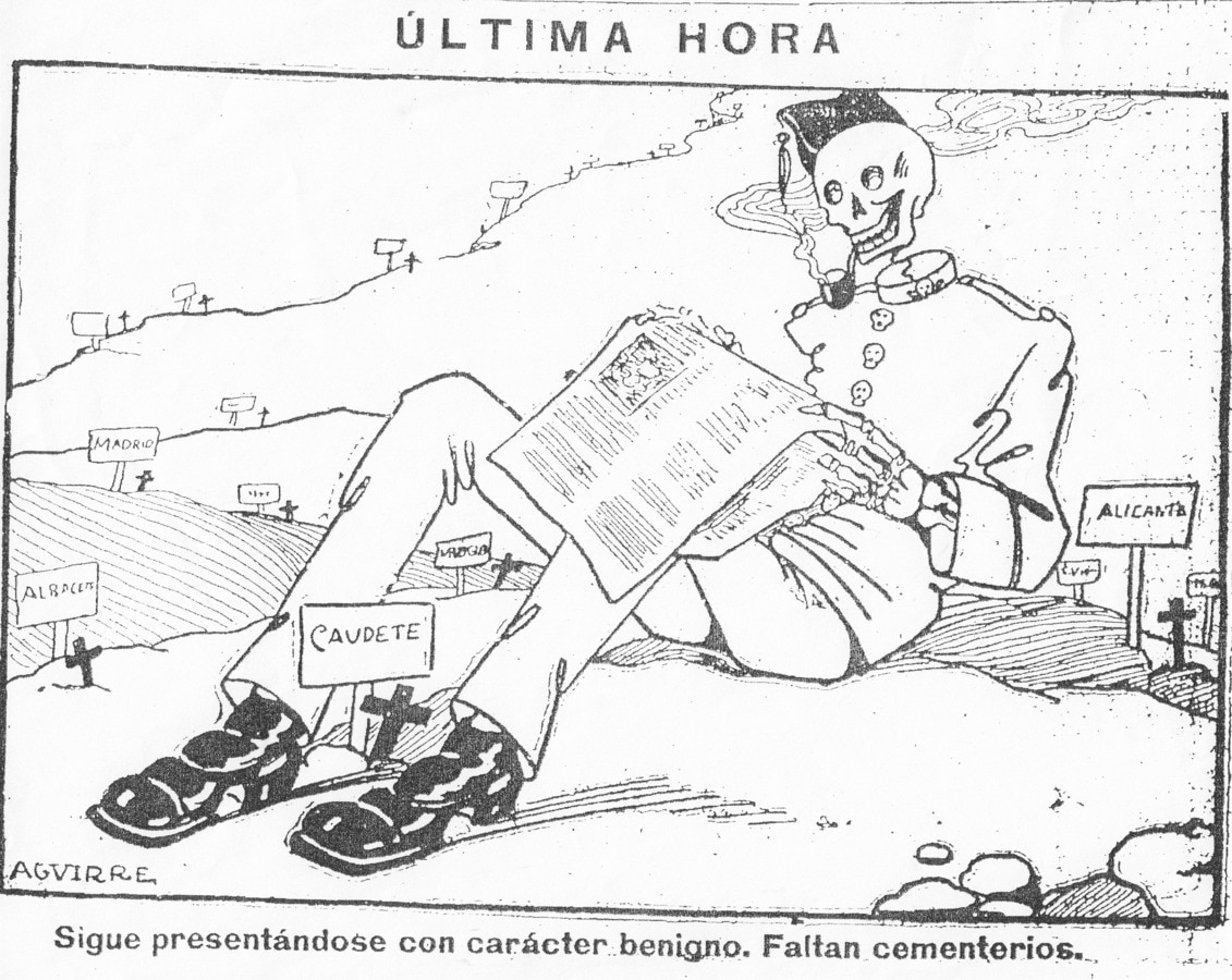 A skeleton wearing a soldier's uniform and smoking a pipe reads a newspaper. Signs to Spanish cities dot the landscape behind.
