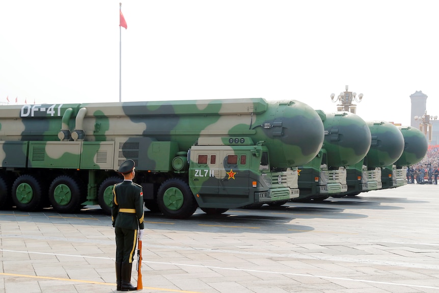 Chinese missiles on display at a military parade in Tianamen Square