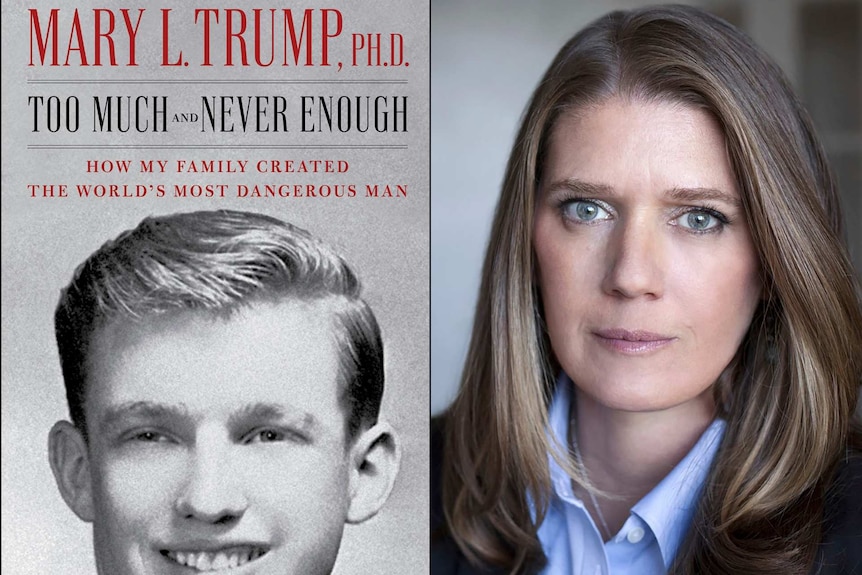 the front cover of Mary Trump's book featuring a profile photo of a young Donald Trump next to a portrait image of Mary Trump