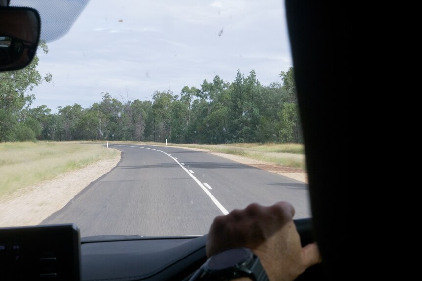 Brendan driving on the way to Nindigully, St George, Queensland, March 2024.