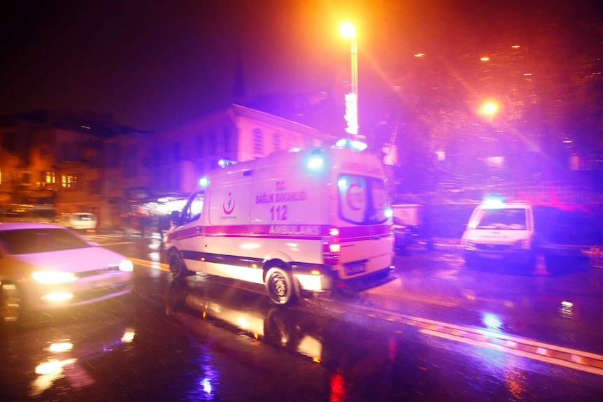 An ambulance at the scene of a nightclub shooting in Istanbul, Turkey, January 1, 2017.