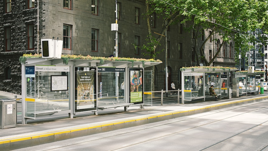 An artistic impression of a Melbourne street, featuring tram stops with gardens on the roofs.
