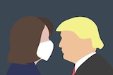 A computer graphic of Nancy Pelosi wearing a mask and Donald Trump not wearing one.