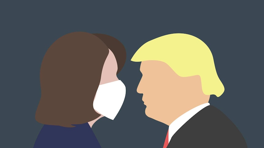 A computer graphic of Nancy Pelosi wearing a mask and Donald Trump not wearing one.