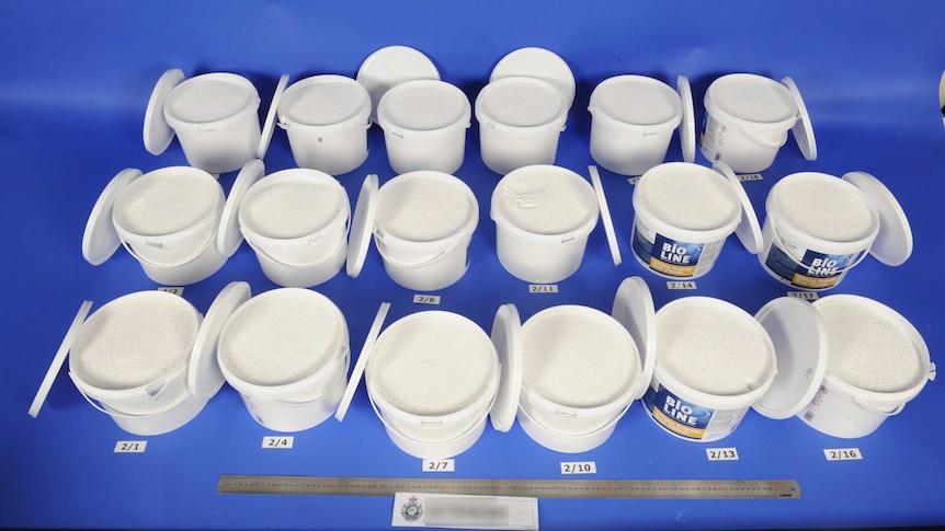 Buckets labelled as pool cleaner that contained 356kg of MDMA.