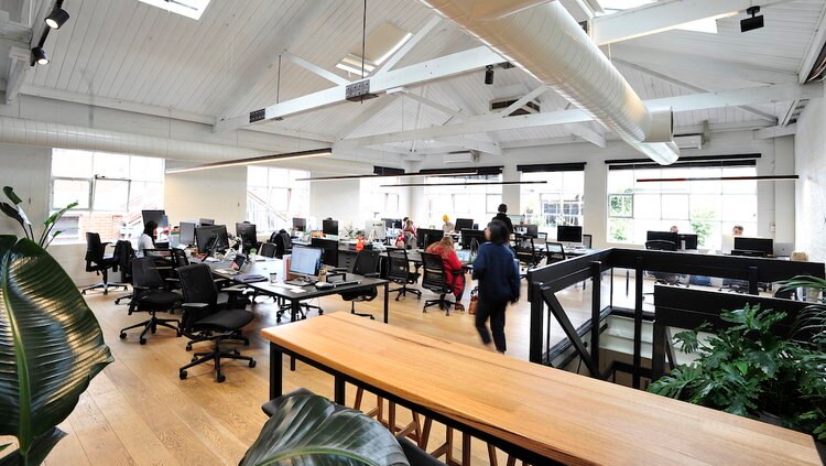 An open plan office with timber floors and high white ceiling.