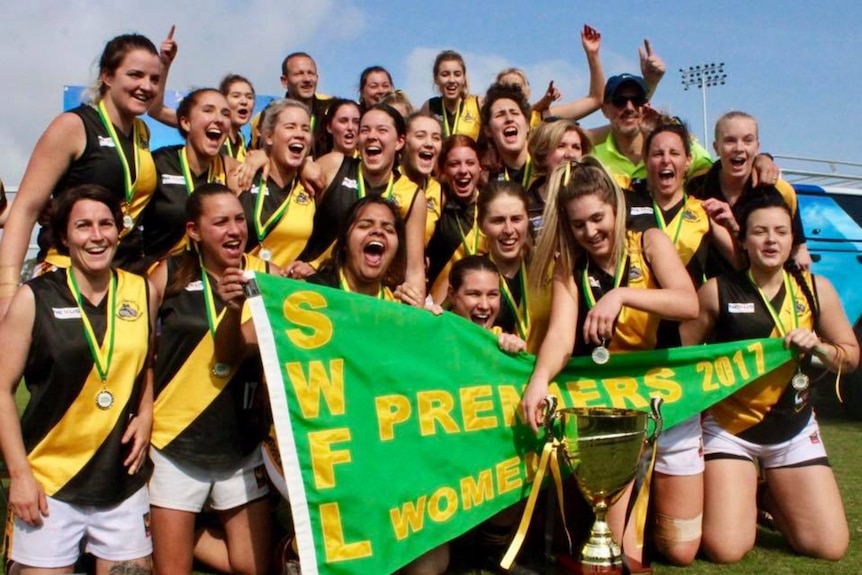 Bunbury Football Club's women's team celebrating winning the 2017 grand final.