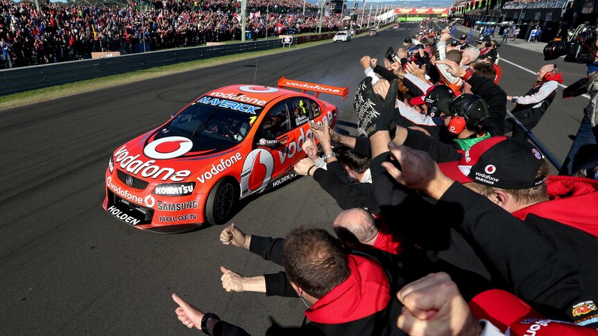 Jamie Whincup drives past the pits after winning the Bathurst 1000.