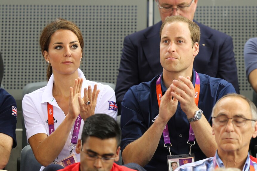 Royal support ... Catherine, Duchess of Cambridge and Prince William, Duke of Cambridge, applaud as they watch the track cycling