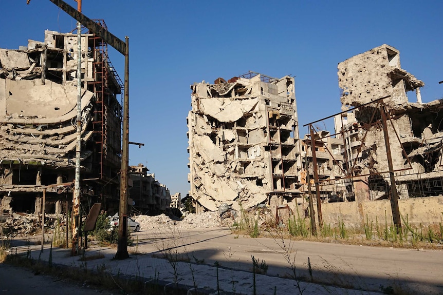 Destroyed buildings in a neighbourhood of Homs