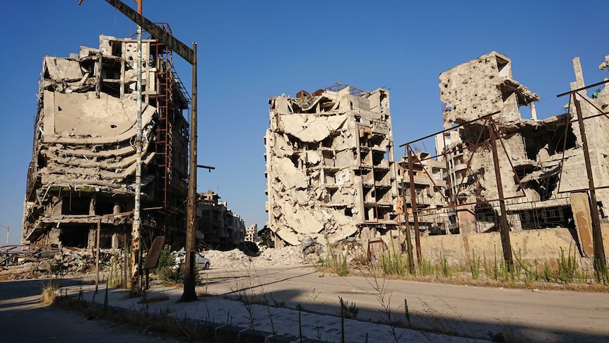 Destroyed buildings in a neighbourhood of Homs