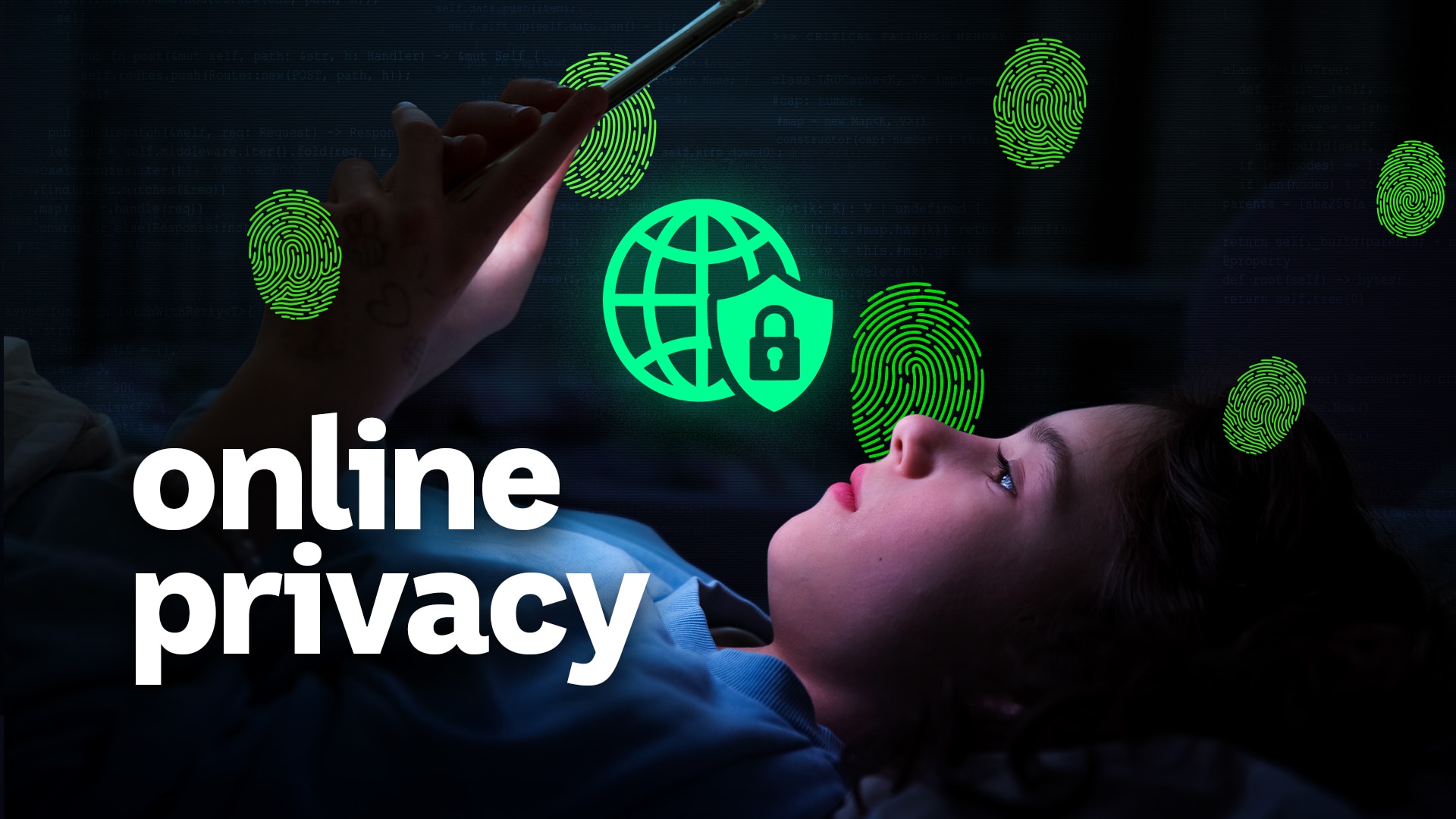 A young person looks at their phone while lying down at night. Fingerprint, lock and network icons float above.