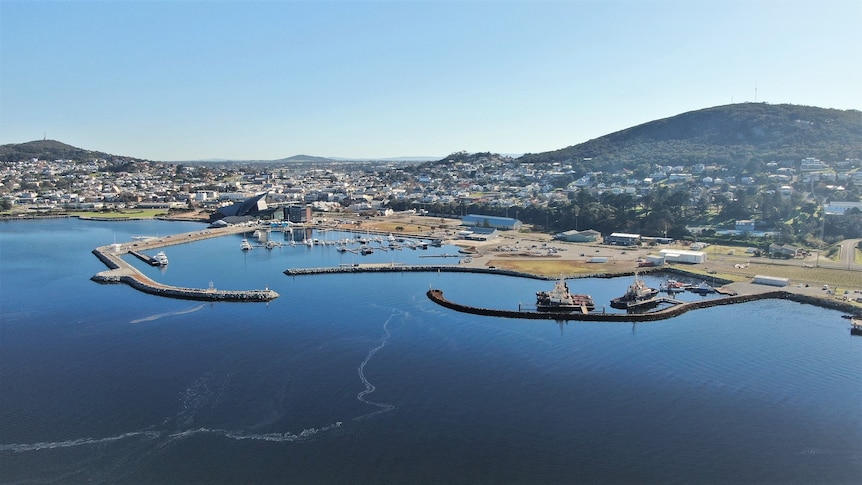 Drone shot of Albany with harbour and marina in the foreground