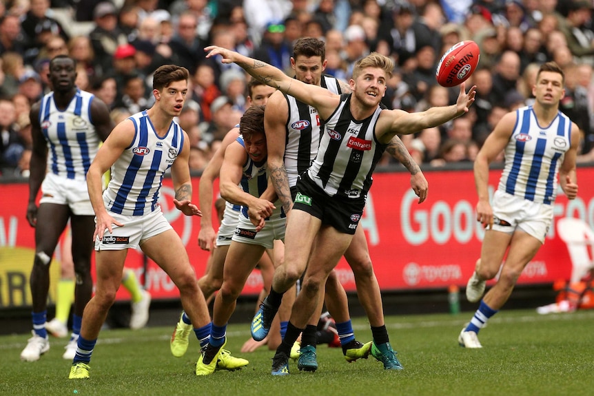 Collingwood's Sam Murray reaches for the ball against North Melbourne